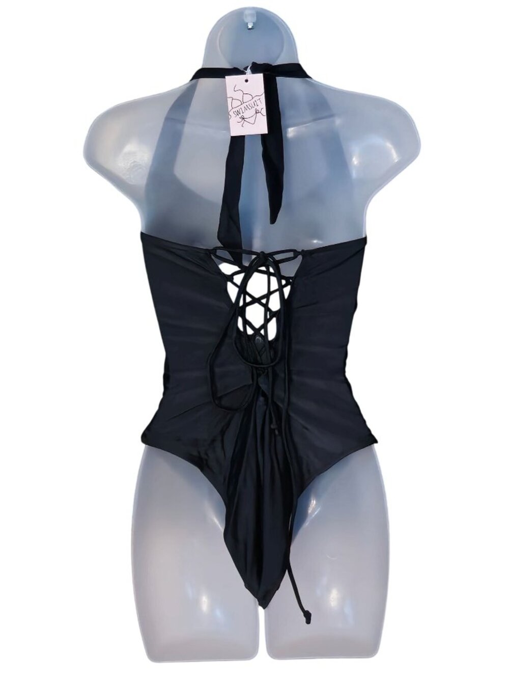 Black Halter One-Piece Swimsuit L Strappy Lace-Up Back Ruched Lined Cheeky - Picture 9 of 11